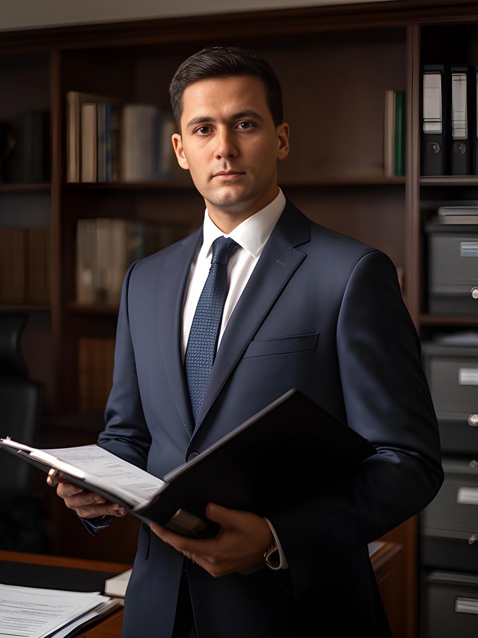 Dr. Maximilian Hofer im Anwaltsbüro mit Aktenmappe und konzentriertem Blick vor Bücherregalen