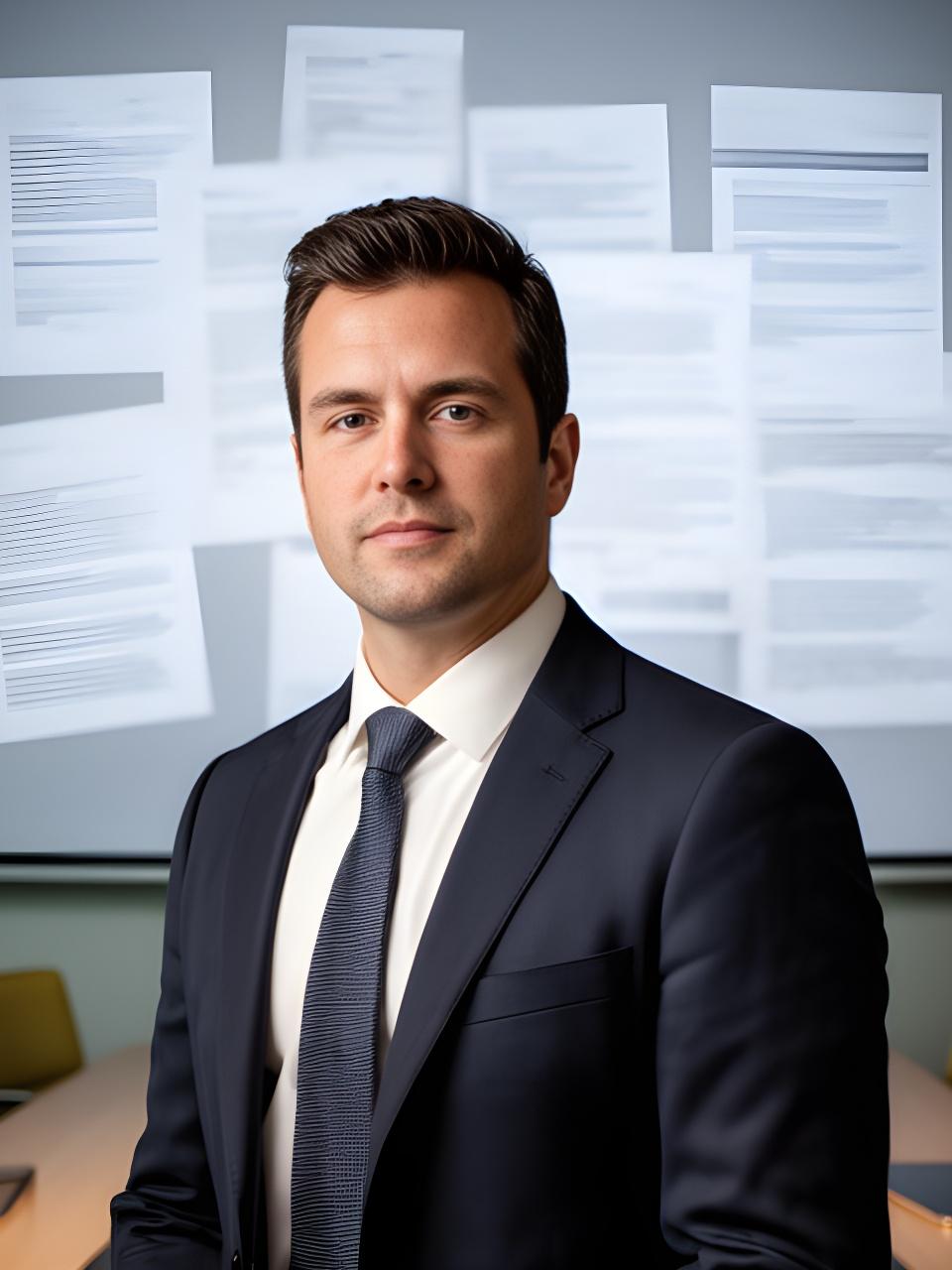 Selim Kovac im modernen Besprechungsraum vor einem Bildschirm mit Dokumenten und Vertragsunterlagen
