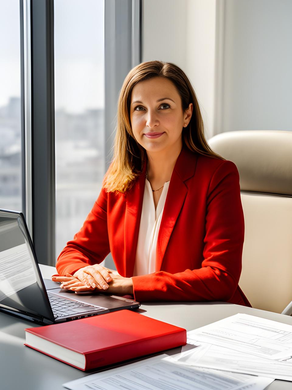 Magdalena Reiter in einer Kanzlei mit rotem Notizbuch und Laptop neben einem grossen Fenster